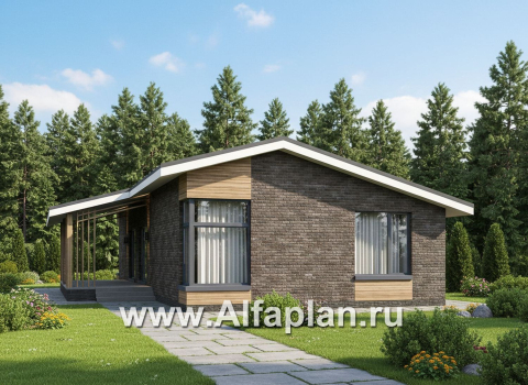 «Алладин» - проект одноэтажного дома, мастер спальня, с террасой и красивым потолком гостиной со стропилами - превью дополнительного изображения №2