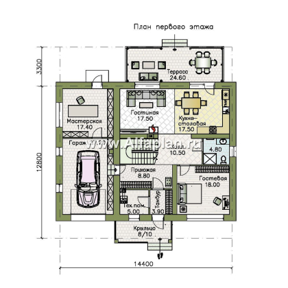 «Династия» - проект дома с мансардой, мастер спальня, с террасой и гаражом с мастерской - превью план дома