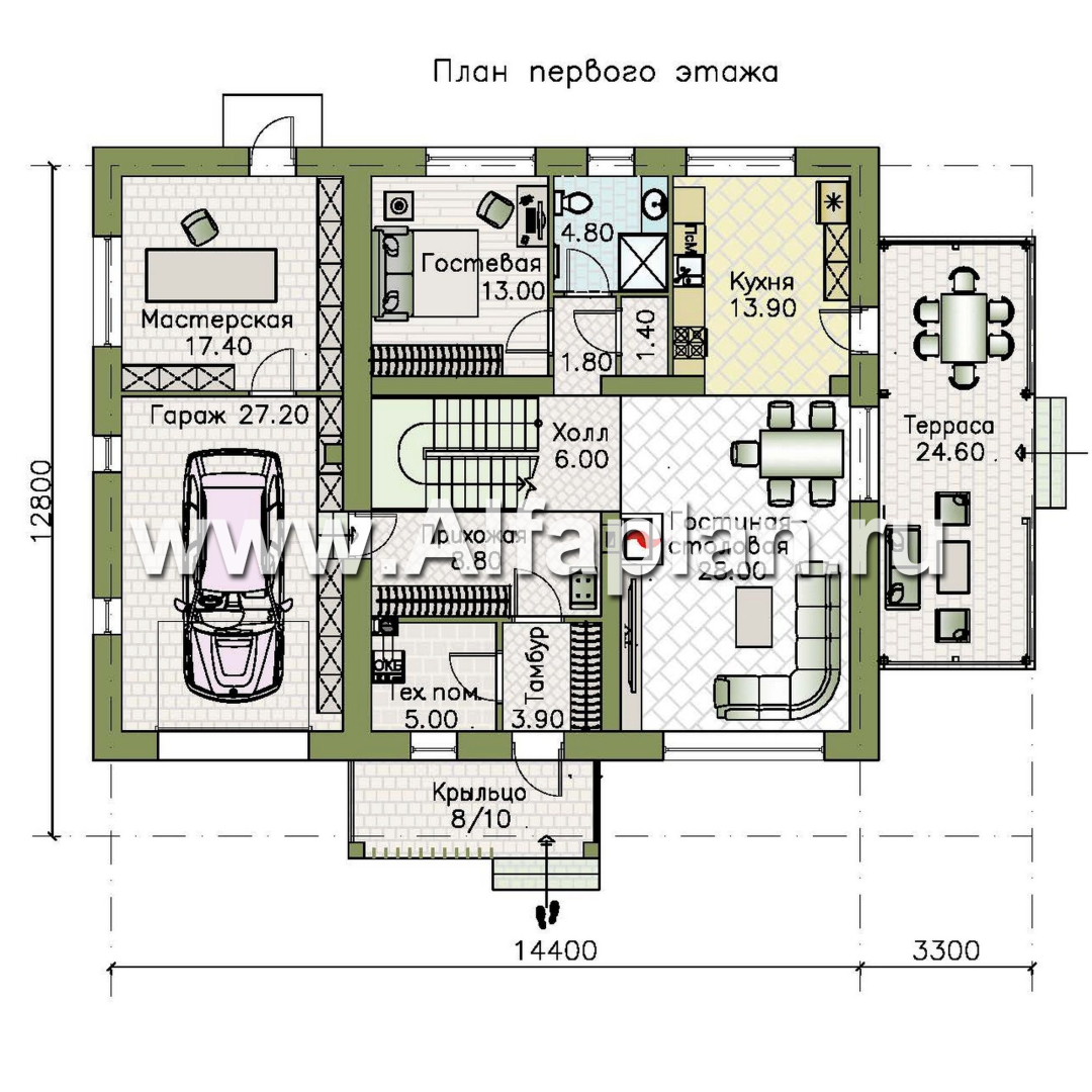 «Династия» - проект дома с мансардой, мастер спальня, с террасой сбоку и гаражом с мастерской - план дома