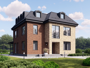 Проект двухэтажного дома, с мансардой, планировка с террасой и с биллиардной, в современном стиле