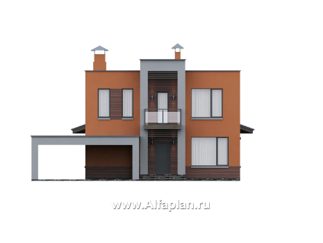 «Невада» - проект двухэтажного дома из газобетона, с террасой, навес на 2 авто, с плоской крышей в стиле минимализм - превью фасада дома