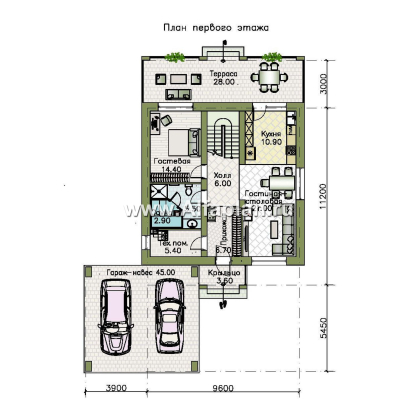 «Невада» - проект двухэтажного дома из газобетона, с террасой, навес на 2 авто, с плоской крышей в стиле минимализм - превью план дома
