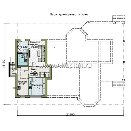 «Ной и команда» - проект полутораэтажного коттеджа, планировка мастер спальня, с эркером и с террасой, с сауной в цоколе  - превью план дома