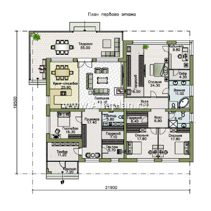«Финансист» - проект одноэтажного дома, планировка мастер спальня, с сауной и с террасой  - превью план дома