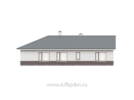 «Рубикон» - проект одноэтажного дома из кирпича, с панорамным эркером и с просторной террасой, в современном стиле - превью фасада дома