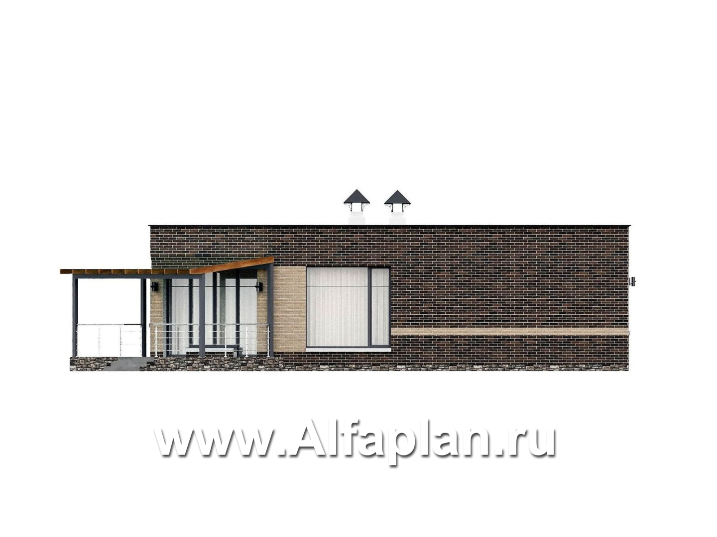 «Биссектриса» - проект одноэтажного дома с плоской крышей, с диагональным планом,  гостиная в форме кристалла, с террасой - фасад дома