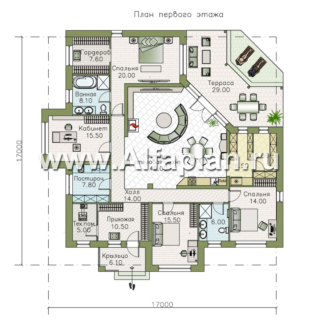 «Аметист» - проект одноэтажного дома, с диагональным планом,  гостиная в форме кристалла, четыре спальни, с террасой - план дома