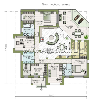 «Аметист» - проект одноэтажного дома, с диагональным планом,  гостиная в форме кристалла, четыре спальни, с террасой - превью план дома