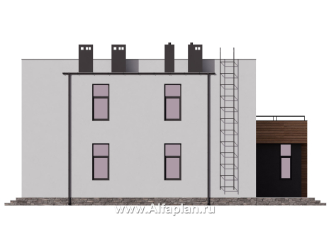 Проект двухэтажного дома, в современном стиле хай-тек, с гаражом и террасой, одномаршевая лестница - превью фасада дома