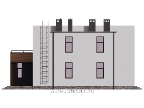 Проект двухэтажного дома, в современном стиле хай-тек, с гаражом и террасой, одномаршевая лестница - превью фасада дома