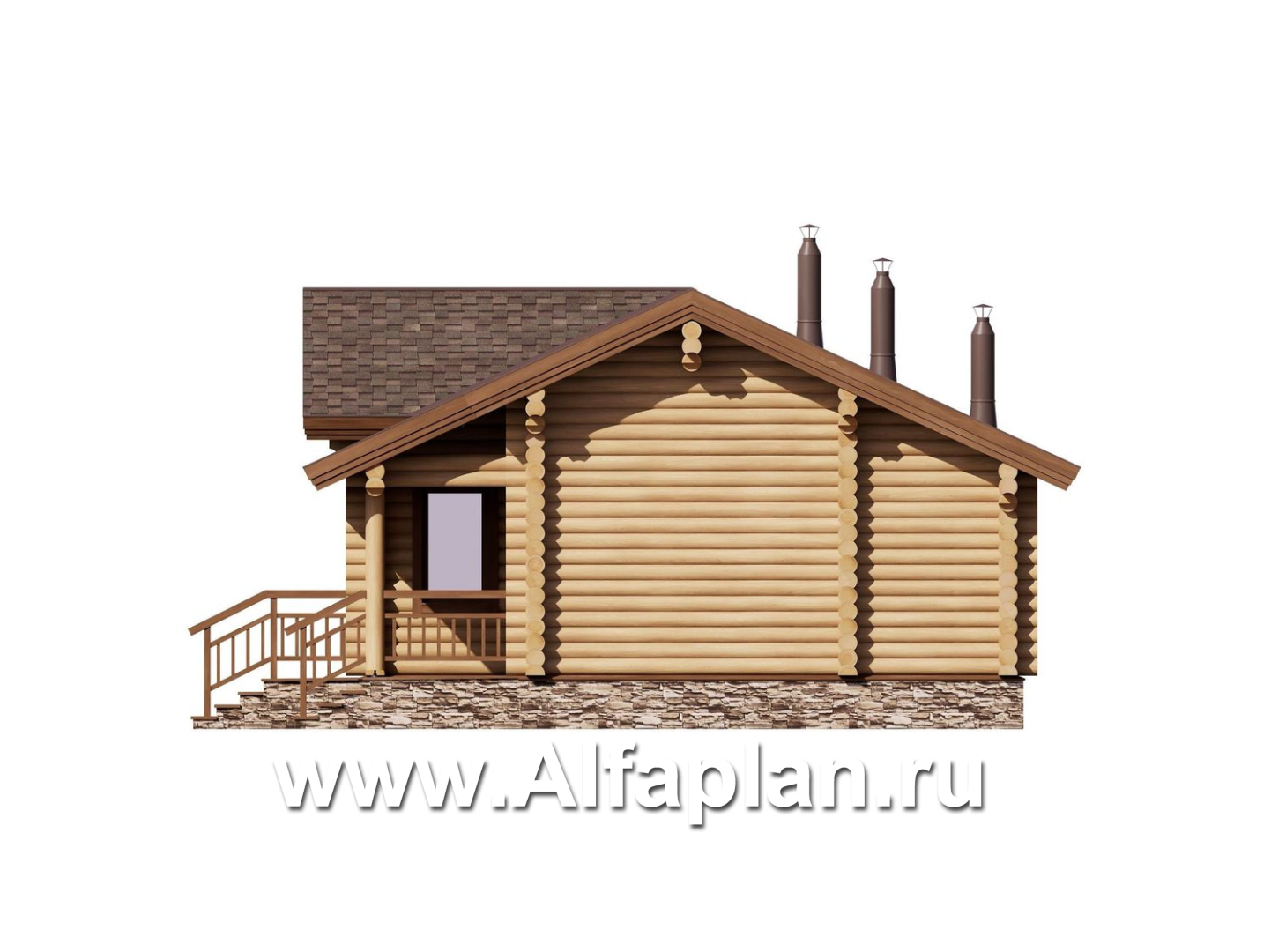Проект гостевого дома, из дерева, из бревен, с террасой и спальней, вдоль границы участка - фасад дома