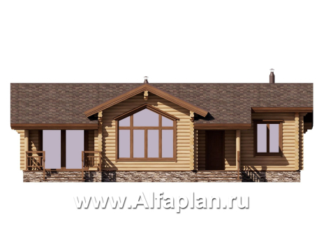 Проект гостевого дома, из дерева, из бревен, с террасой и спальней, вдоль границы участка - превью фасада дома