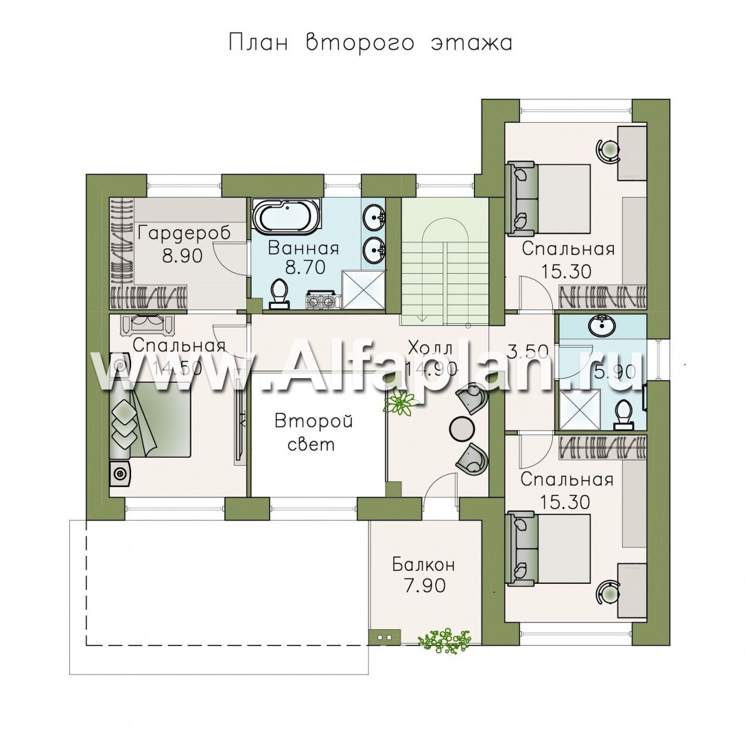 «Ренуар» - проект двухэтажного дома, планировка с двумя спальнями на 1 эт и вторым светом - план дома