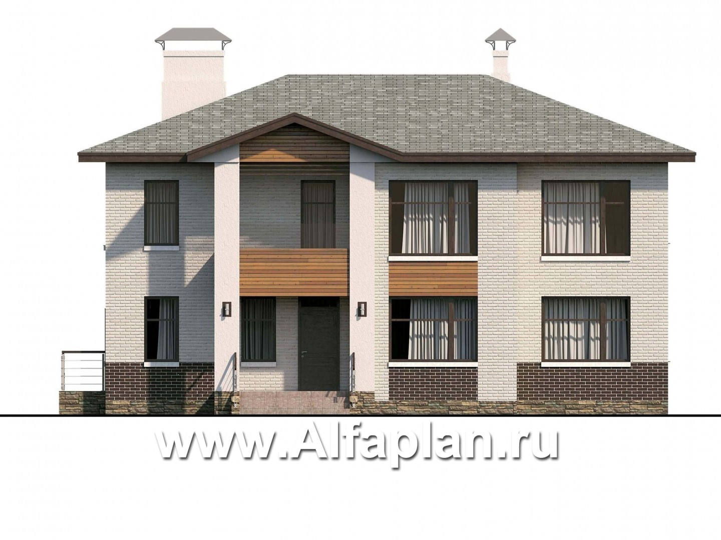 Проекты домов Альфаплан - «Высшая лига» -  Дом с двумя жилыми комнатами на 1эт, большой гостиной и крытой террасой - изображение фасада №1