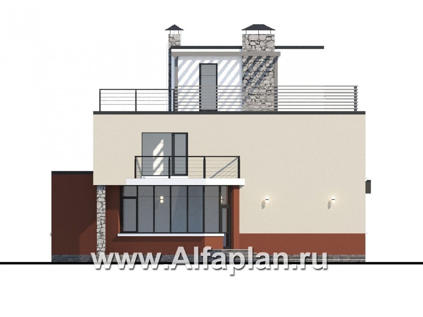 Проекты домов Альфаплан - «Земляничная долина» - коттедж с плоской кровлей и эффектным планом - изображение фасада №4