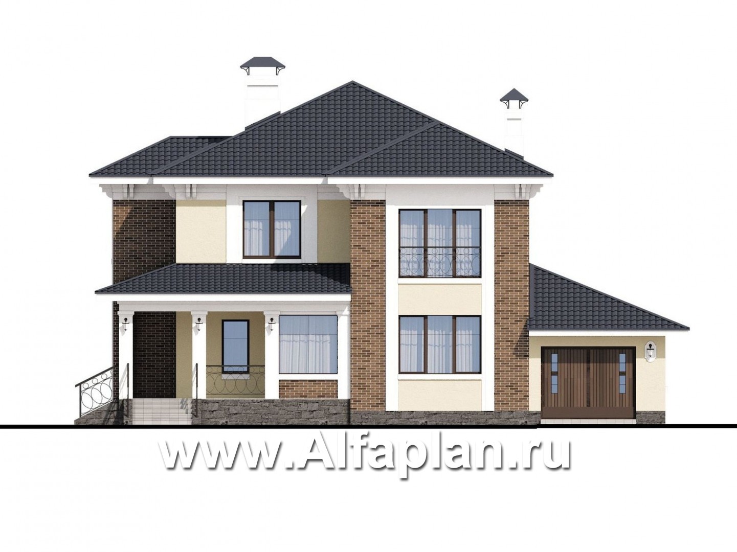 Проекты домов Альфаплан - «Беатрис» — двухэтажный коттедж с гаражом и террасой - изображение фасада №1