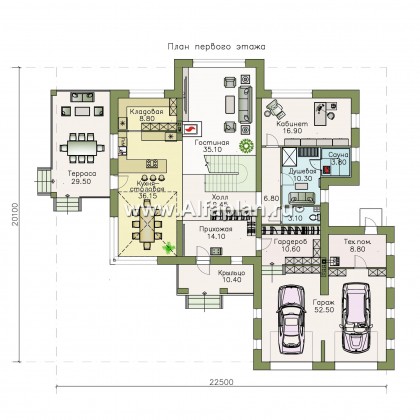 «Луара» — проект двухэтажного дома, планировка с двусветной столовой, с сауной и с террасой, гараж на 2 авто - превью план дома