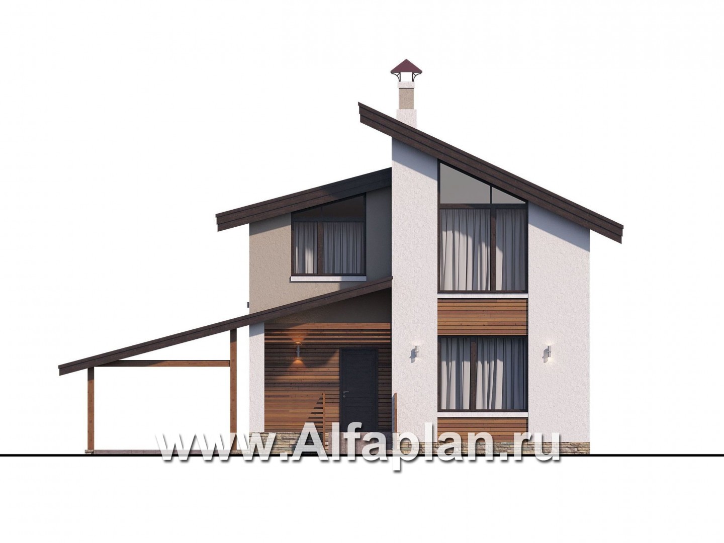 Проекты домов Альфаплан - «Оптима» - стильный небольшой дом с гаражом-навесом - изображение фасада №1