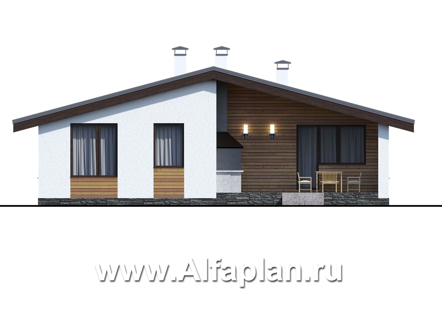 Проекты домов Альфаплан - «Дзета» - одноэтажный каркасный дом с просторной гостиной-столовой - изображение фасада №4