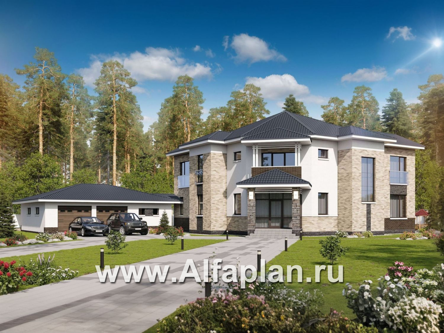 «Баттерфляй» - проект двухэтажного дома, гостиная со вторым светом, мастер спальня, с большим гаражом 219Р - дизайн дома №4