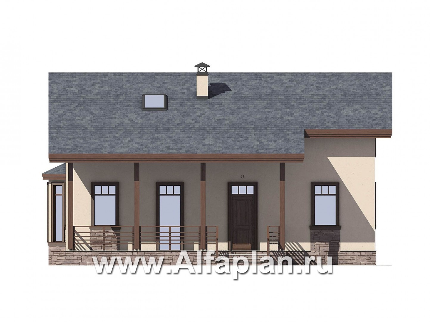 Проект дома с мансардой, планировка две спальни на 1 эт, с террасой со стороны входа и с эркером - фасад дома