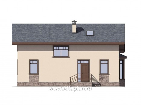 Проект дома с мансардой, планировка две спальни на 1 эт, с террасой со стороны входа и с эркером - превью фасада дома