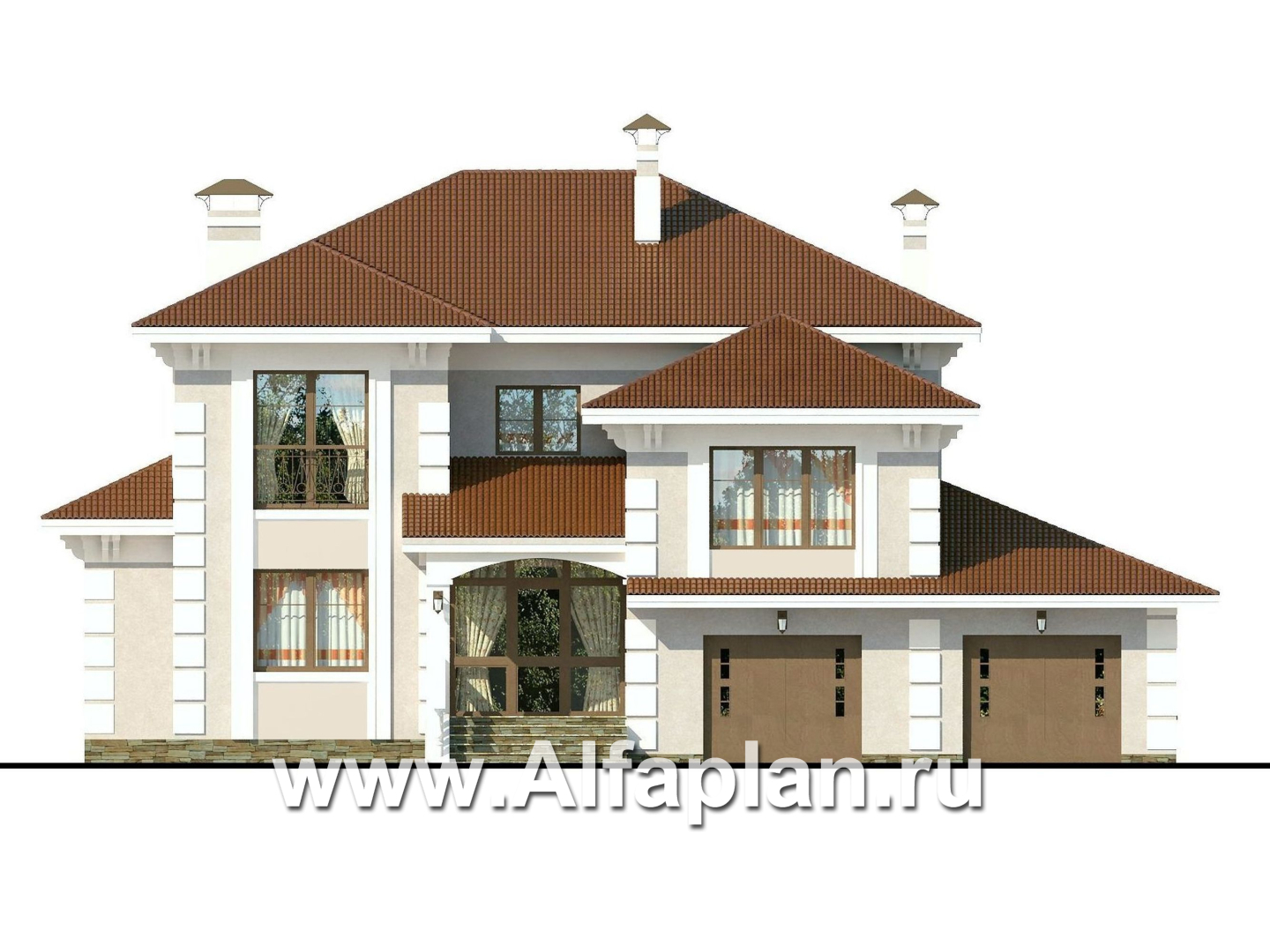 Проекты домов Альфаплан - «Привилегия» - элегантный коттедж из кирпиечй (или блоков) с большим гаражом и террасой - изображение фасада №1