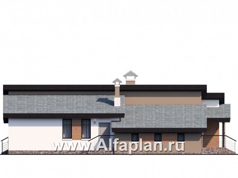 Проекты домов Альфаплан - «Санта-Моника» — одноэтажный коттедж с большим гаражом и террасой - превью фасада №3