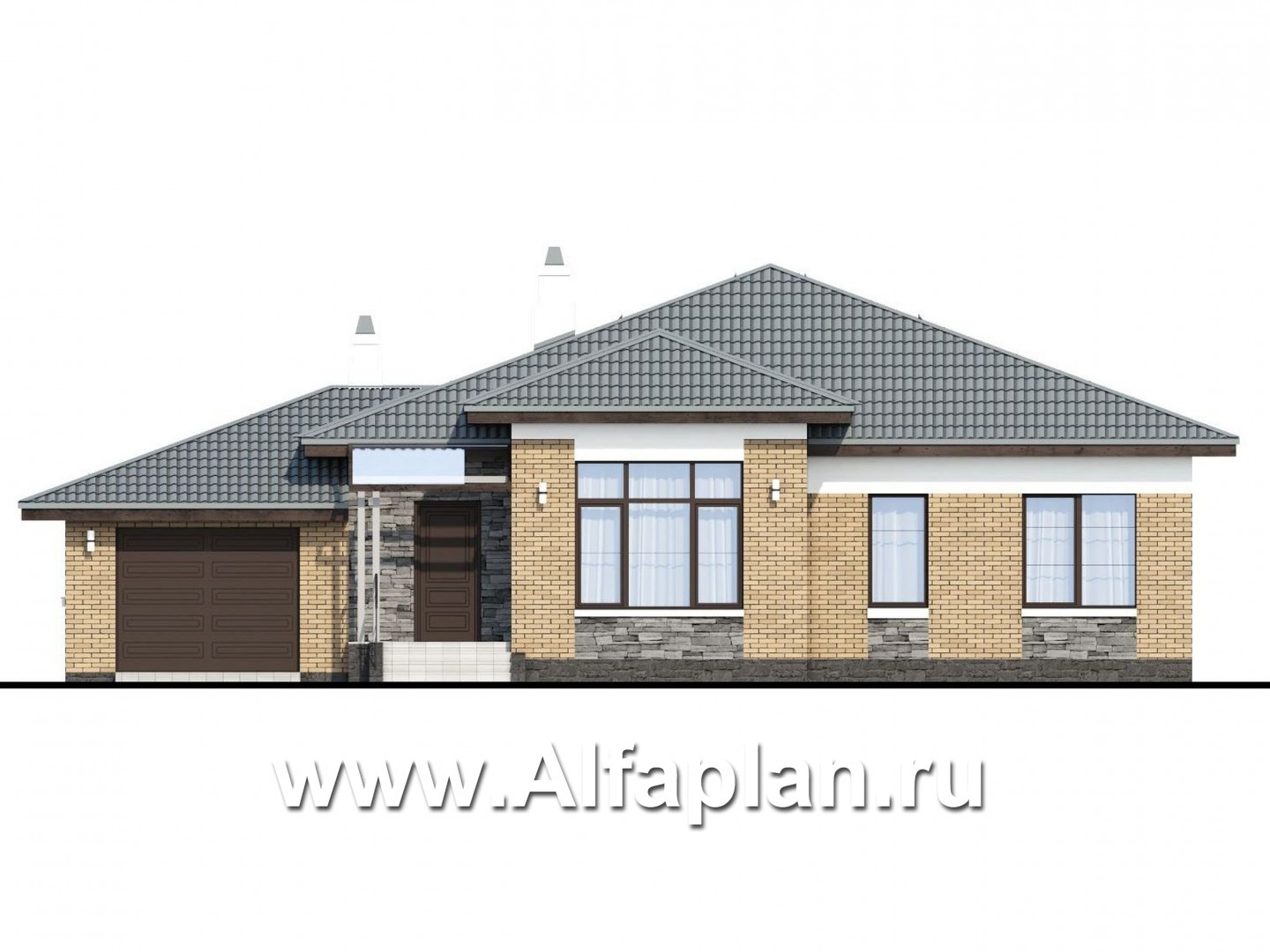 Проекты домов Альфаплан - Проект одноэтажного дома из кирпичей «Княженика», с гаражом - изображение фасада №1