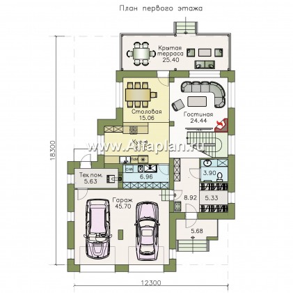 Проекты домов Альфаплан - «Эвр» - коттедж с плоской кровлей, с гаражом на два автомобиля - превью плана проекта №1