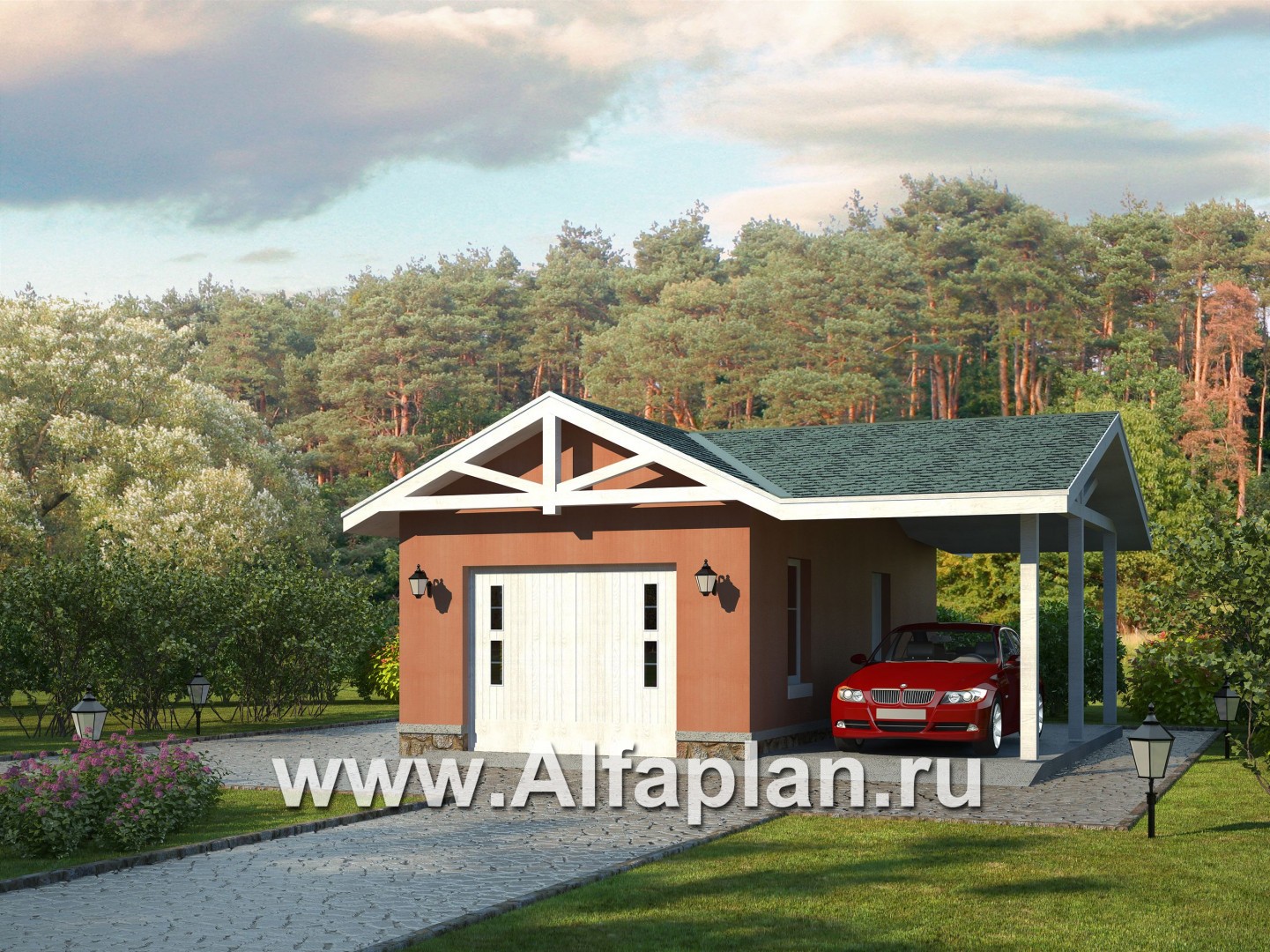 Проекты домов Альфаплан - Закрытый гараж и навес для авто - основное изображение