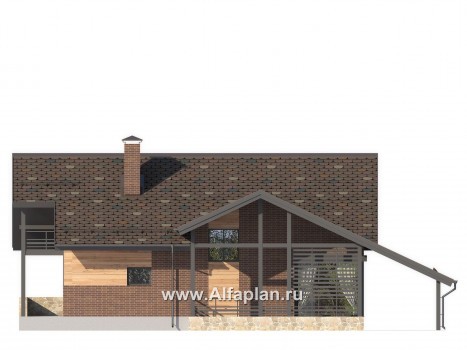 Проект современного дома с мансардой, с угловой террасой и с навесом на 2 авто - превью фасада дома