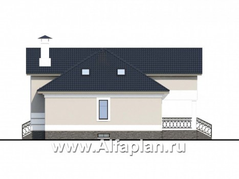 Проекты домов Альфаплан - «Волга» - коттедж с цоколем, тремя жилыми комнатами на 1 этаже и жилой мансардой - превью фасада №2