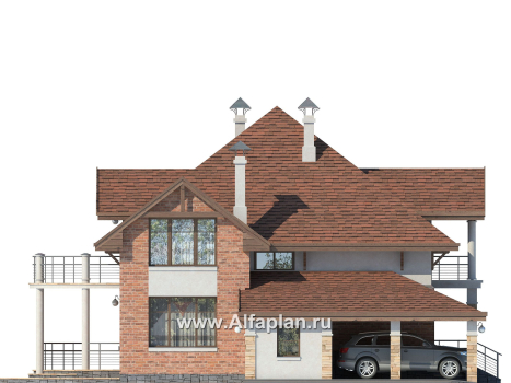 «Брилланте» - проект дома с мансардой, из кирпичей, с террасой и гаражом-навесом, с пирамидальной кровлей - превью фасада дома