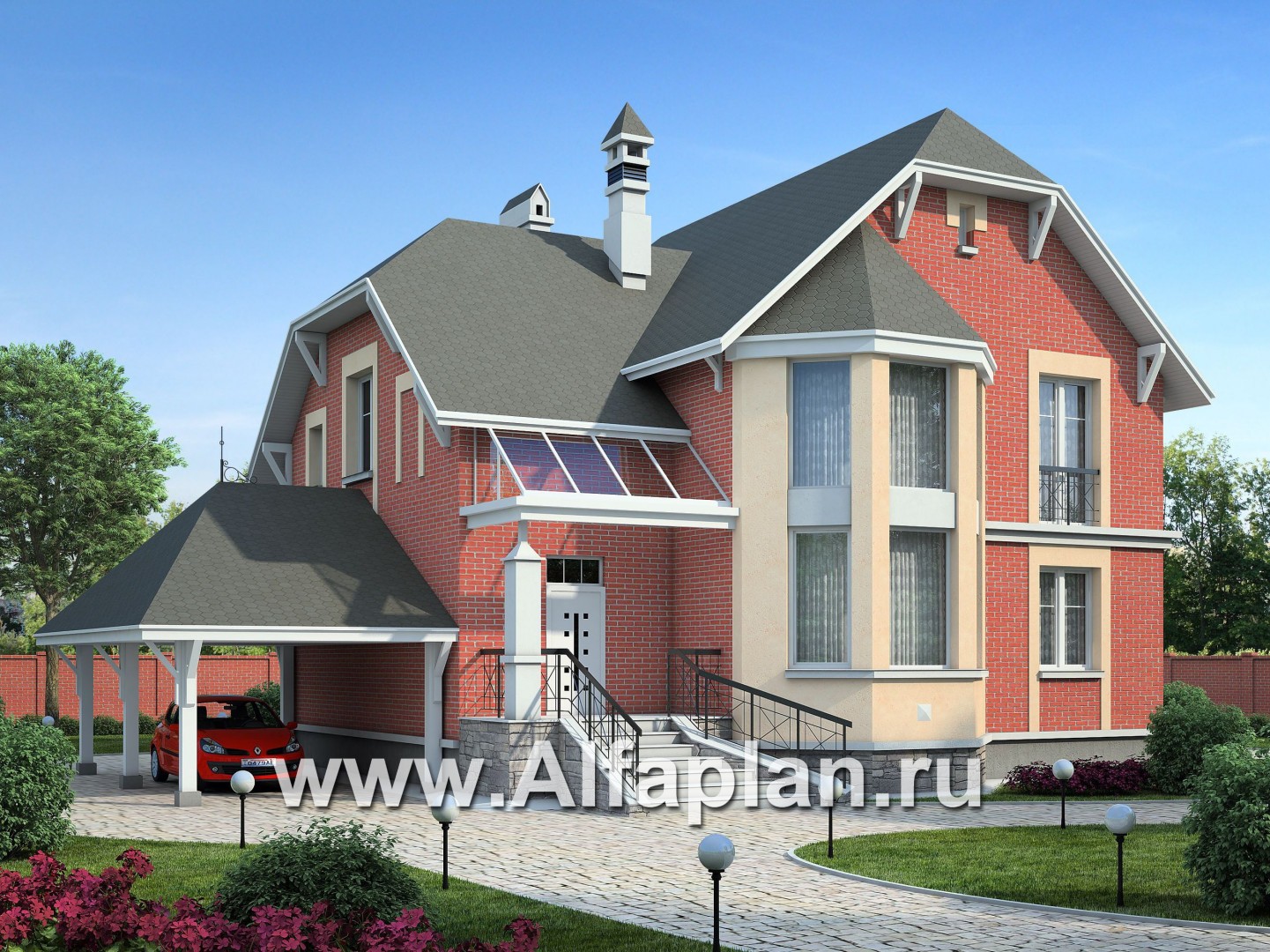 Проекты домов Альфаплан - «Фаворит» - коттедж с эркером и навесом для машины - основное изображение
