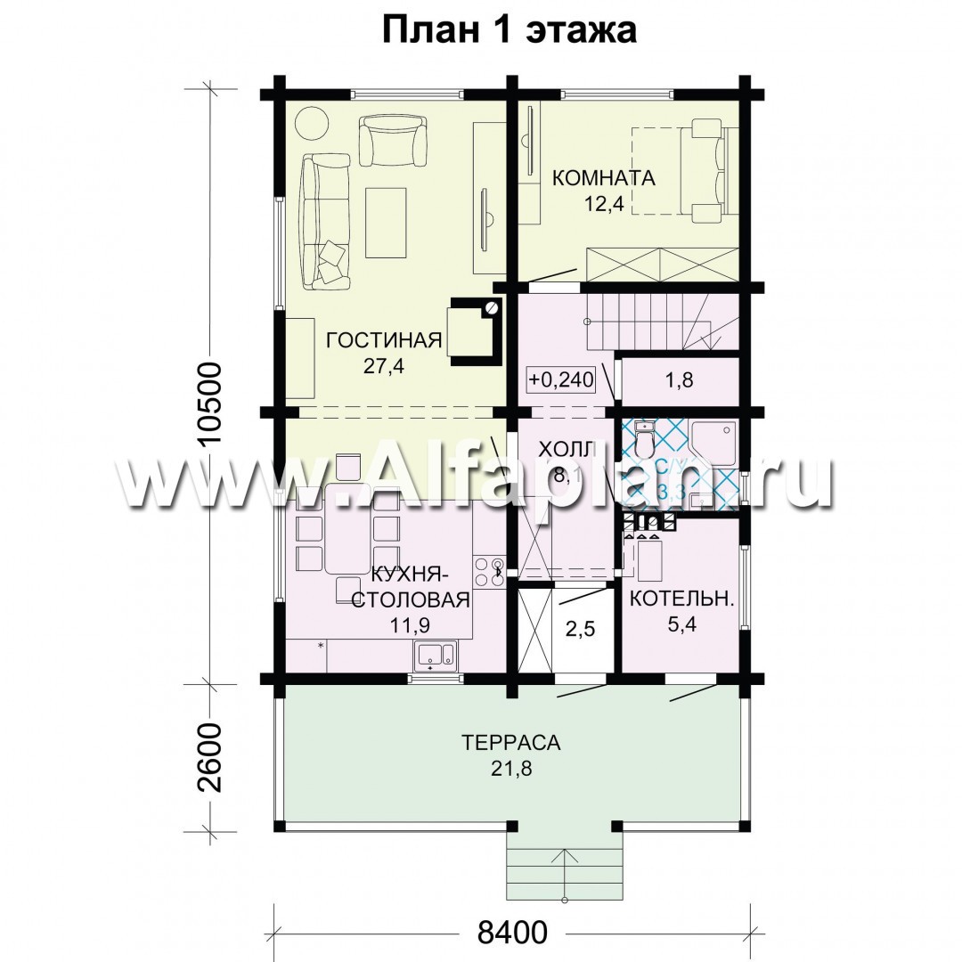 Проект дома с мансардой из бревен, с террасой и с балконом - план дома