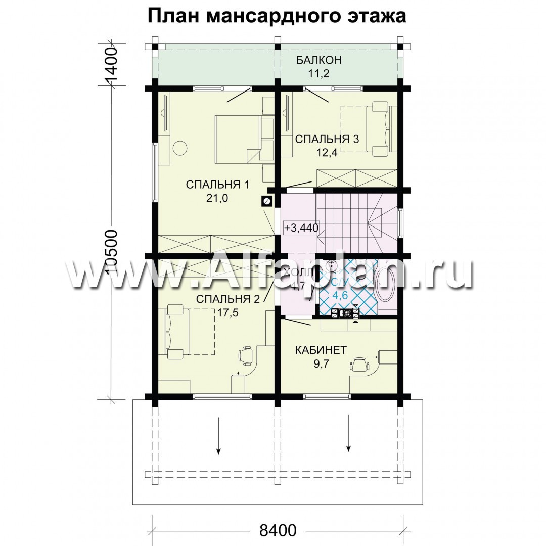 Проект дома с мансардой из бревен, с террасой и с балконом - план дома