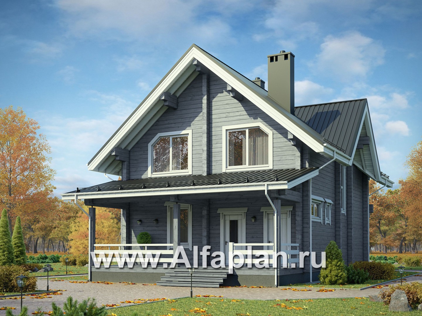 Проект дома с мансардой из бревен, с террасой и с балконом - основное изображение