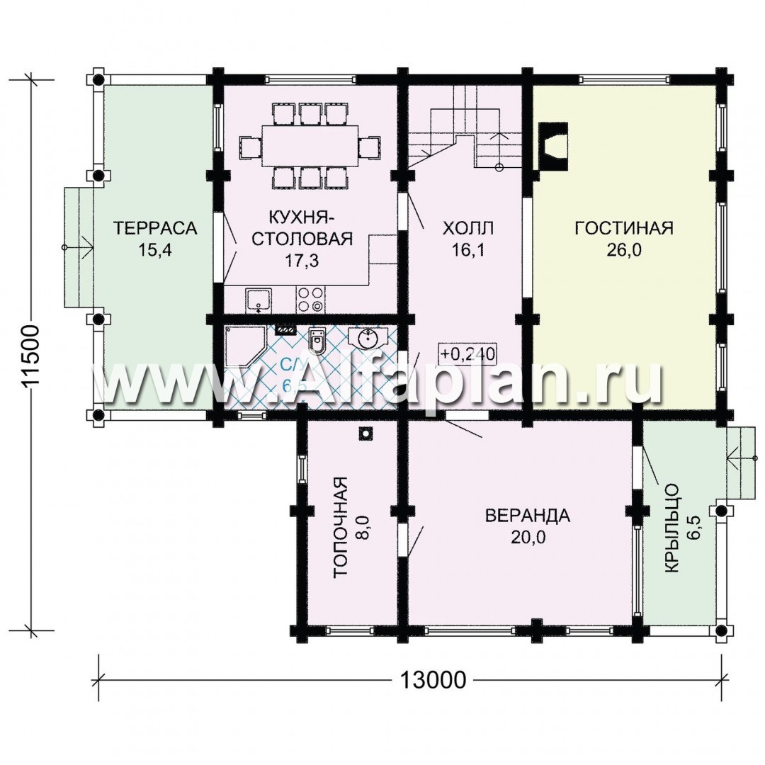 Проект деревянного дома с мансардой, из бревен, с верандой - план дома