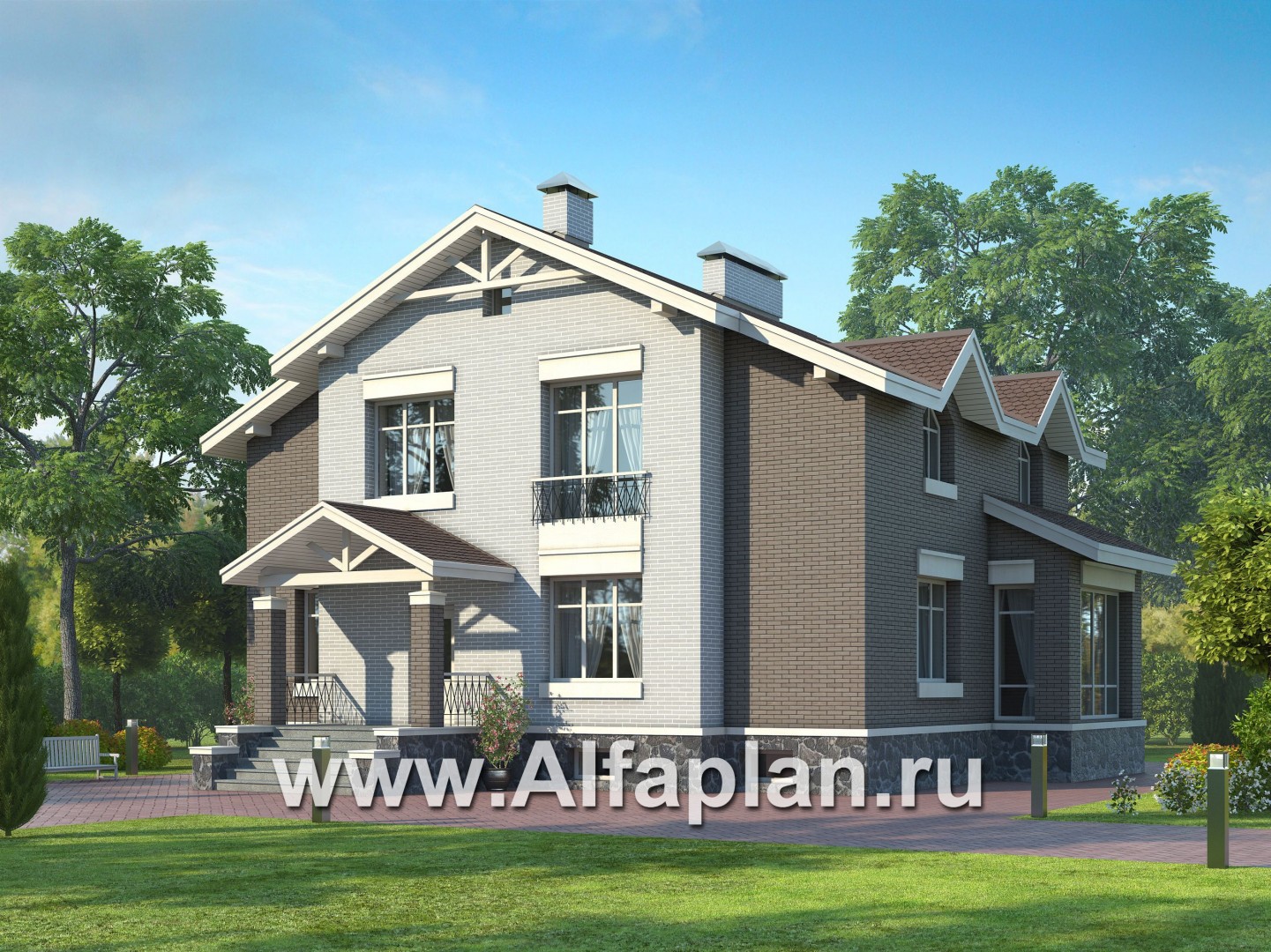 Проекты домов Альфаплан - Ккирпичный особняк с цокольным этажом - основное изображение