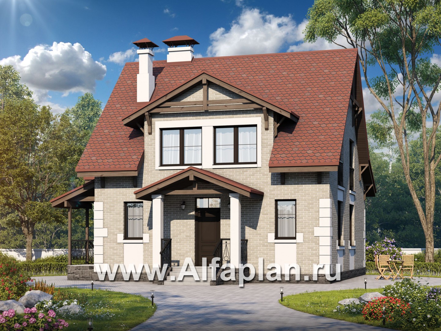 Проекты домов Альфаплан - Кирпичный дом «Боспор» с мансардой - основное изображение
