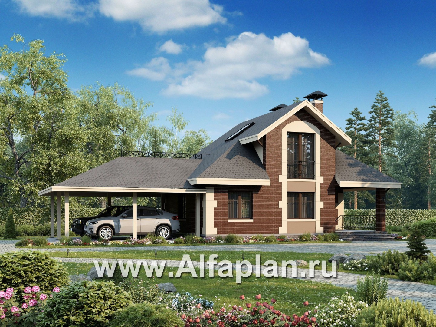 Проекты домов Альфаплан - Сауна с гостевой квартирой в мансарде и навесом на два автомобиля - основное изображение