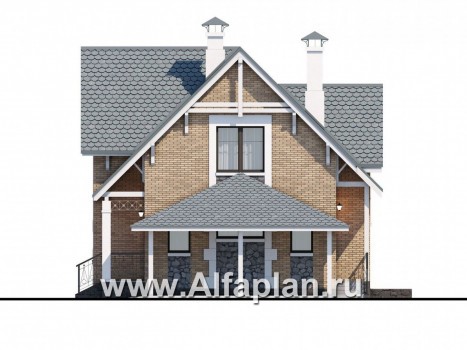 Проекты домов Альфаплан - Коттедж из кирпича «Семейное гнездо» с навесом для машины - превью фасада №2