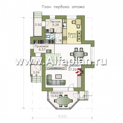 Проекты домов Альфаплан - «Малая Родина» - компактный дом с красивой верандой - превью плана проекта №1