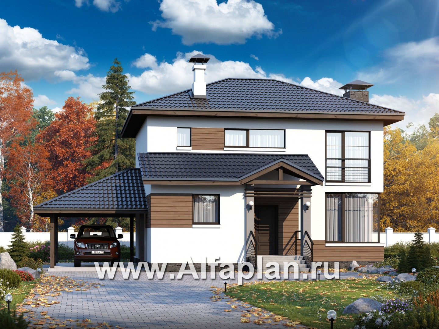 Проекты домов Альфаплан - Кирпичный дом «Карат» с гаражом навесом - основное изображение
