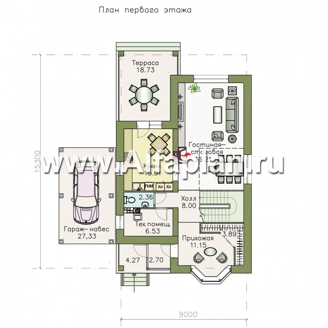 Проекты домов Альфаплан - «Галерея»- дом c балконом-галереей и навесом для авто - план проекта №1
