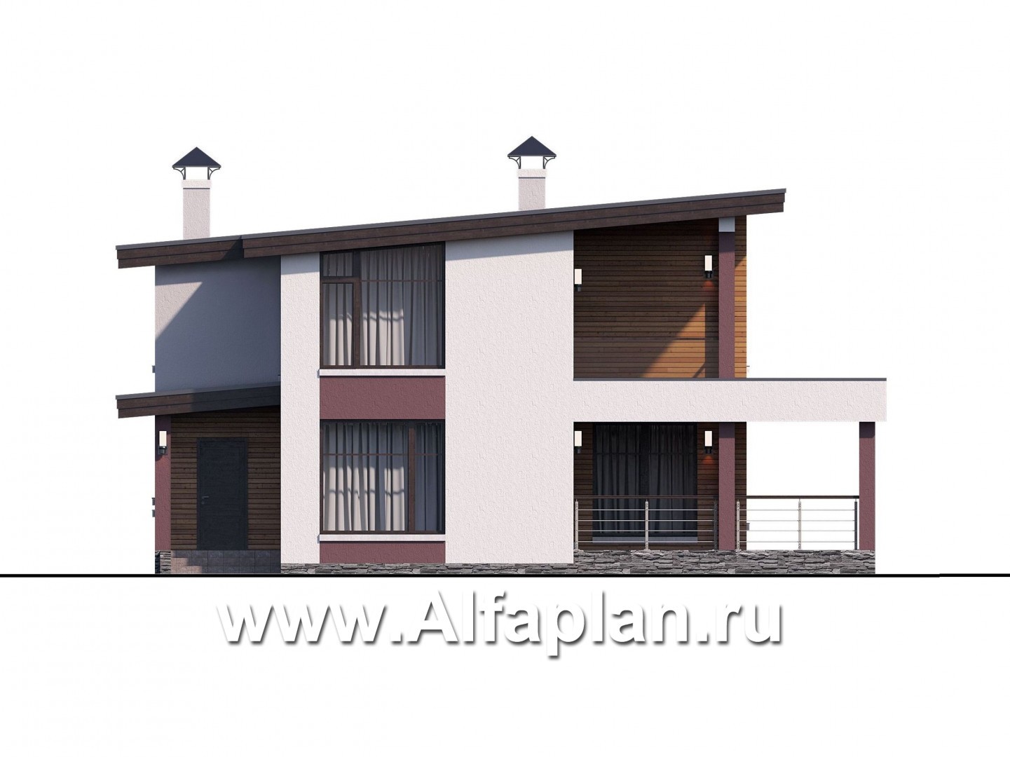 Проекты домов Альфаплан - Двухэтажный коттедж с односкатной кровлей - изображение фасада №1
