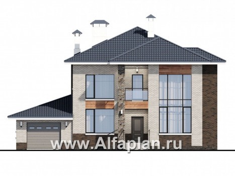 Проекты домов Альфаплан - «Вязьма» - удобный коттедж с двусветной гостиной и гаражом - превью фасада №1