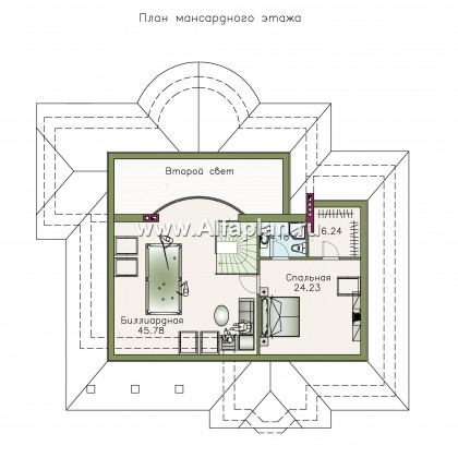 Проекты домов Альфаплан - «Линия судьбы» - одноэтажный дом с бильярдной в мансарде - превью плана проекта №2