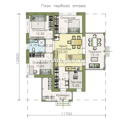 Проекты домов Альфаплан - «Аэда» - небольшой одноэтажный дом с тремя спальнями - превью плана проекта №1